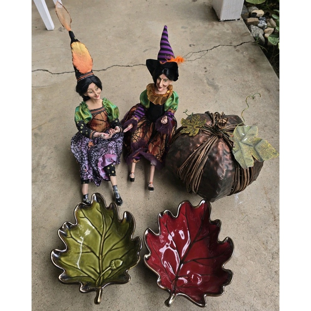 Halloween Witch Shelf Sitter Dolls Autumn Metal Pumpkin & Ceramic Leaf Bowls Set